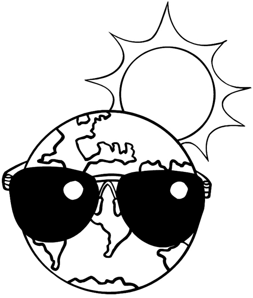 Planet earth wearing sunglasses below hot sunshine vinyl sticker. Customize on line. Environment Pollution Conservation 034-0195